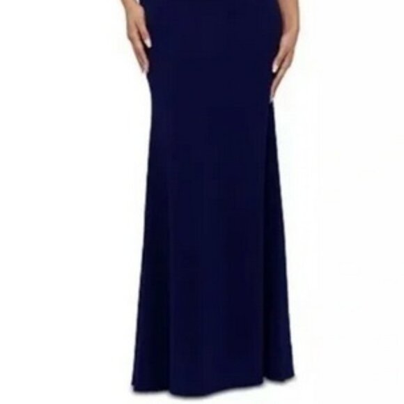 Betsy And Adam Navy Blue Off-The-Shoulder Scuba Crepe Gown Dress - Picture 2 of 4